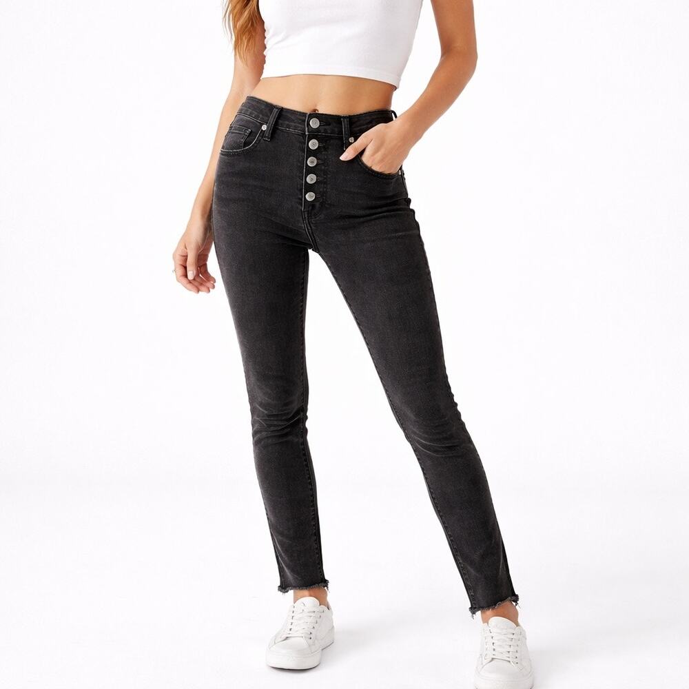 Madewell Black Button Fly Skinny Jeans Fringe Hem Size 25 Fringe Hem